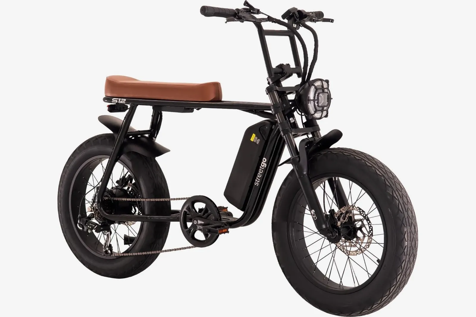 Bicicleta elétrica Oggi StreetGo S12 preta, com banco marrom e pneus largos, à venda na Pedale Sempre em Serra, ES