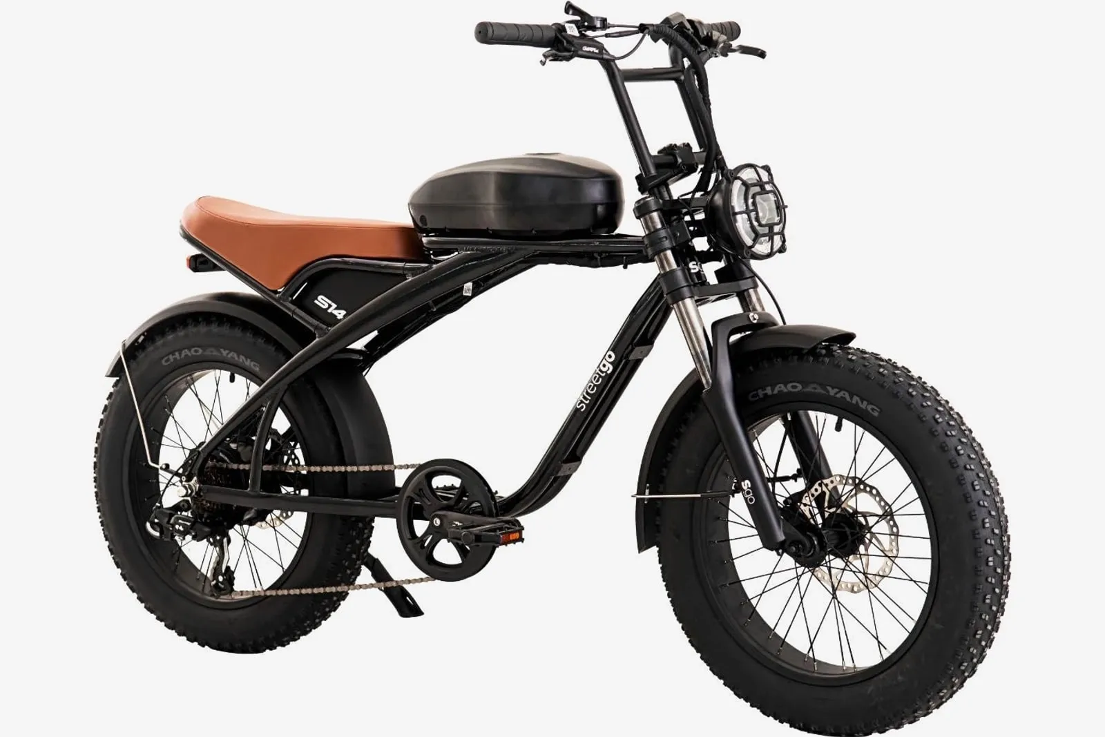 Bicicleta elétrica Oggi StreetGo S14 preta, com quadro rebaixado, banco marrom e pneus largos, à venda na Pedale Sempre em Serra, ES