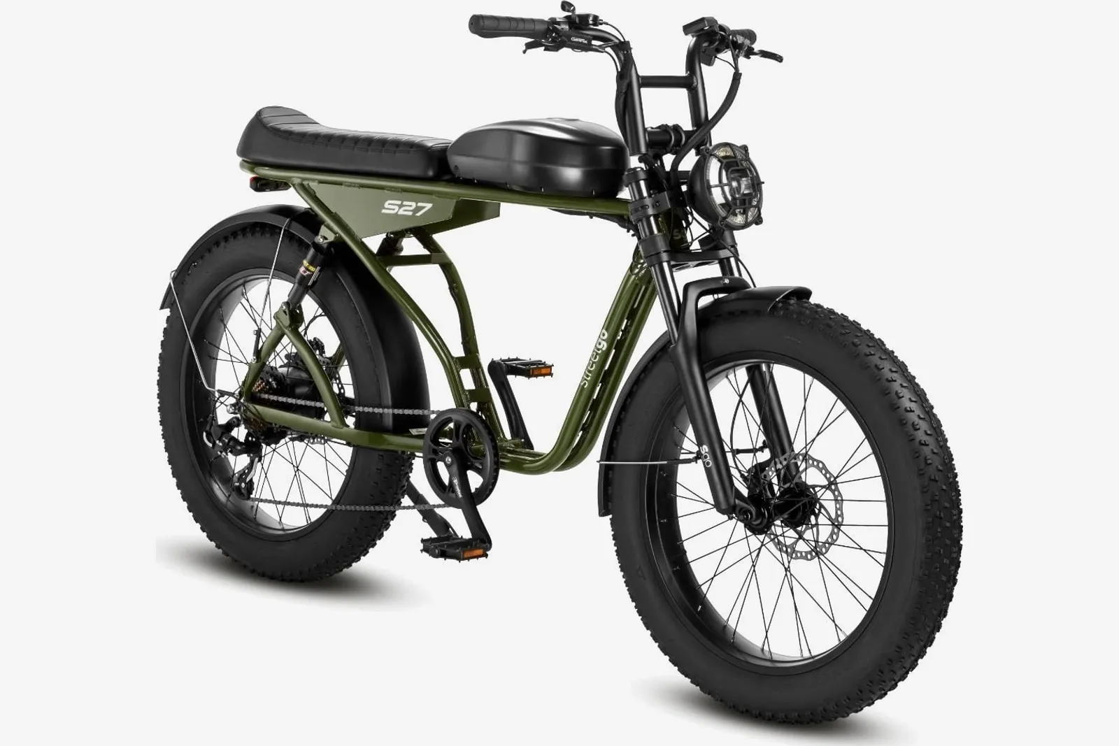 Bicicleta elétrica Oggi StreetGo S27 verde-oliva, com banco largo e pneus largos, à venda na Pedale Sempre em Serra, ES