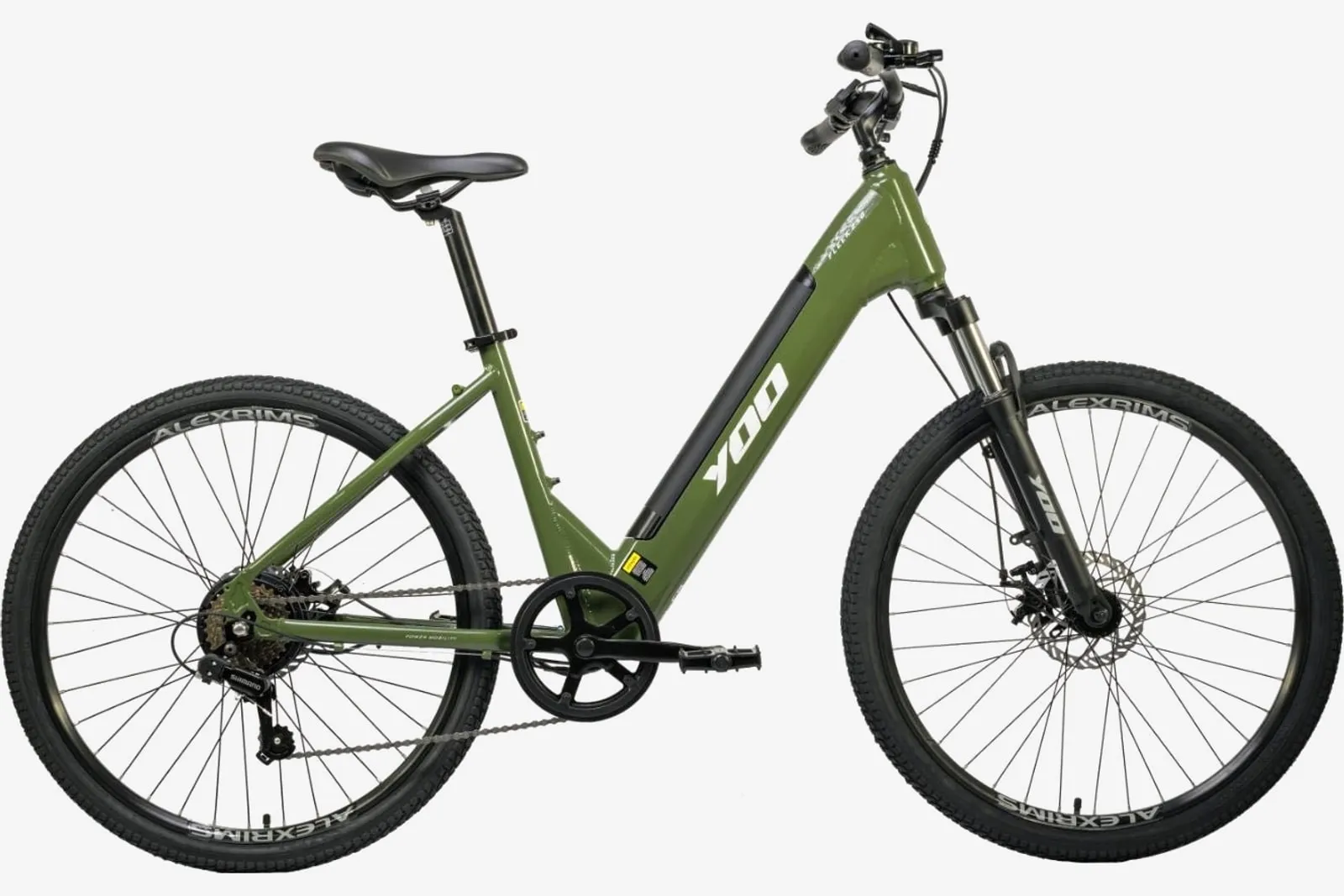 Bicicleta elétrica Yoo Fleek verde-oliva, aro 26, com quadro rebaixado, à venda na Pedale Sempre em Serra, ES